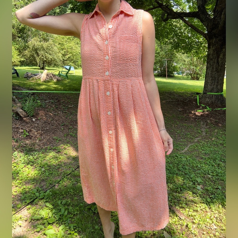 JG Hook Gingham Textured Button Up Collared Orange Vintage Dress